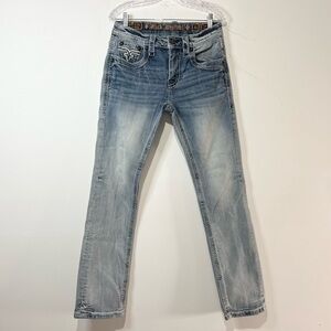 Rock Revival Klarson Straight Men's Light Wash Denim Jeans Sz 31Embroidered Teal